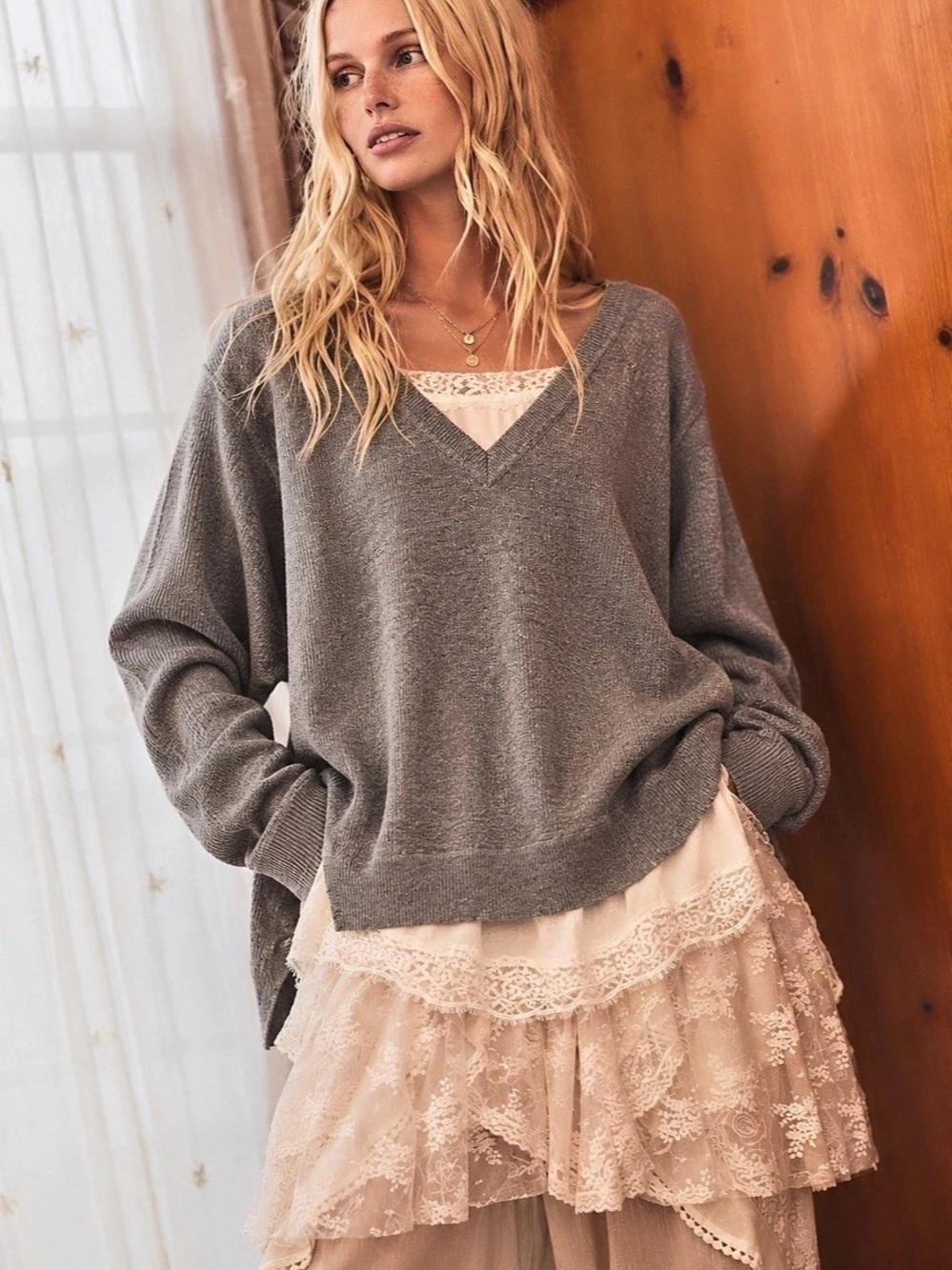 354. Gray V-Neck Sweater with lace detailing